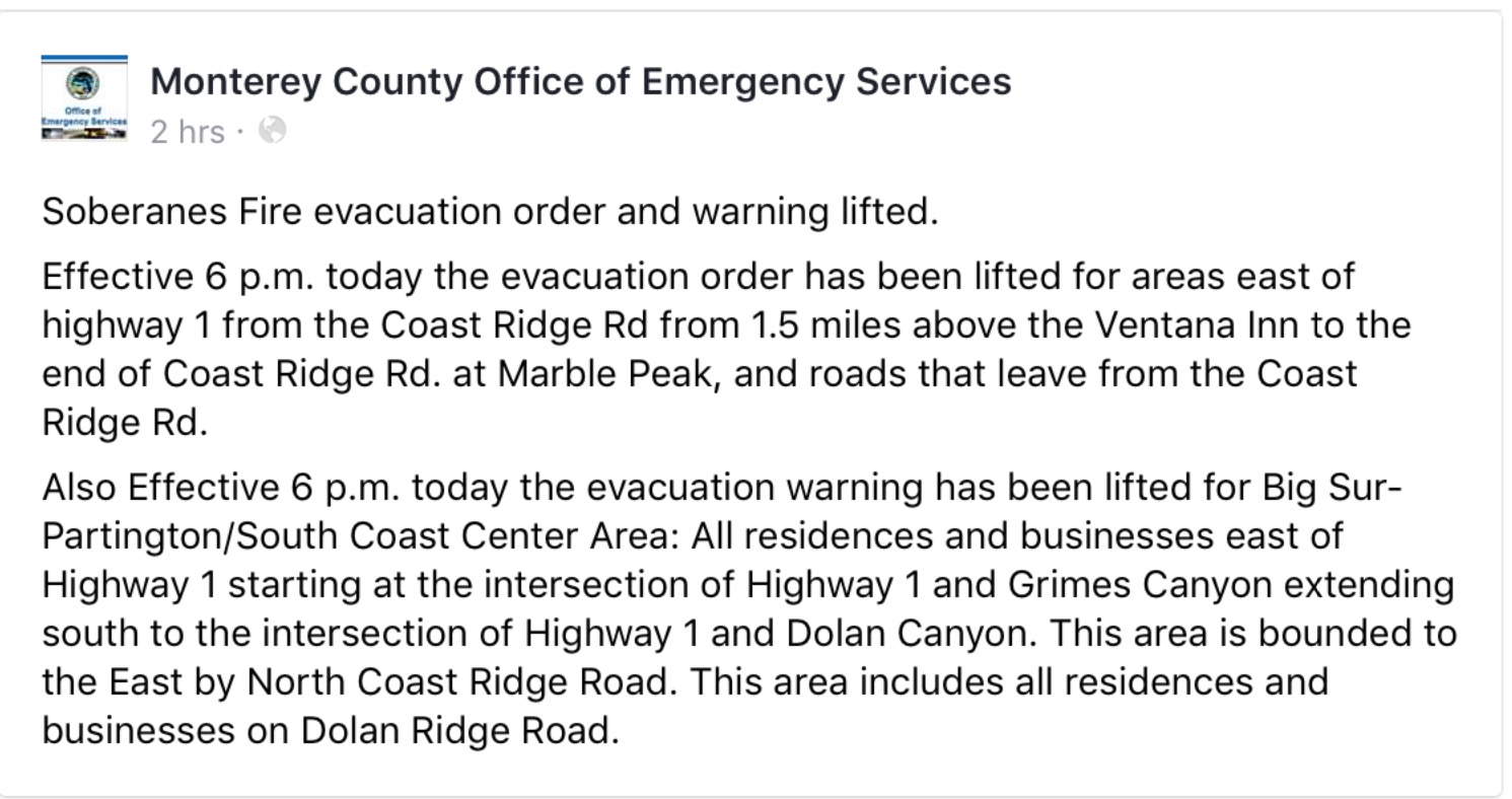 Evacuation orders and warnings lifted for west side of fire – BigSurKate